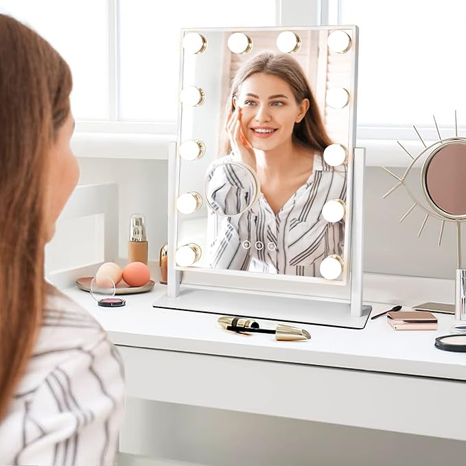 Vanity Mirror with Lights,Lighted Vanity Mirror with 12 Dimmable Bulbs for Dressing Room & Bedroom,3 Color Lighting,Modes Detachable 10x Magnification 360°Ratation (White) 14.6" L x 17" W
