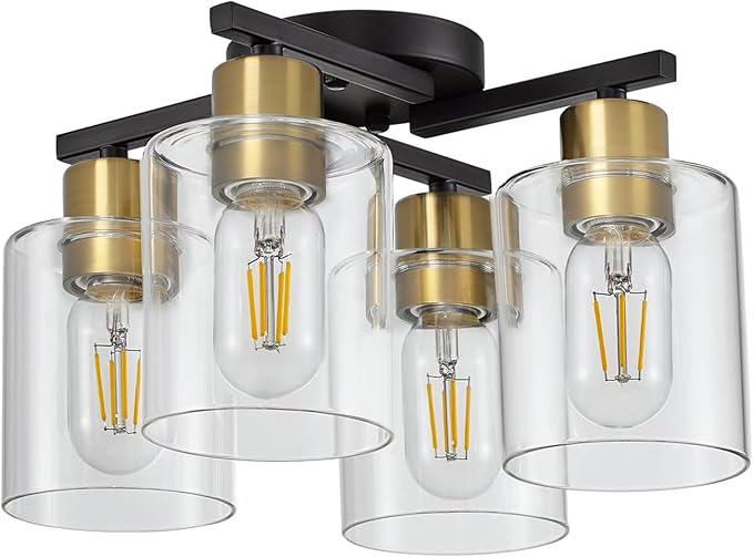 4-Light Semi Flush Mount Ceiling Light, Black and Gold Kitchen Lighting Fixtures Ceiling, Farmhouse Ceiling Light with Clear Glass Shade for Hallway, Living Room, Foyer, Bedroom