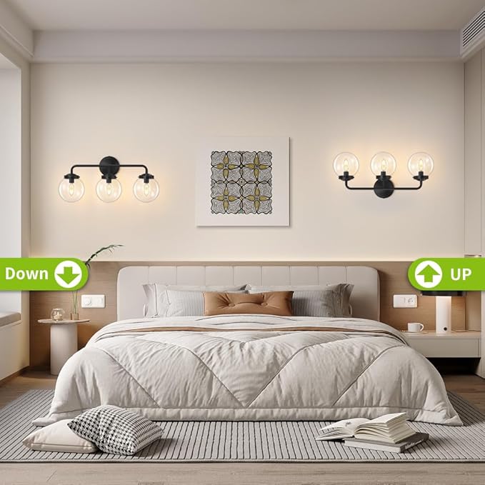 Black Bathroom Vanity Light Fixtures Over Mirror, Modern Matte Black 3 Lights Wall Sconce Lighting with Transparent Glass Ball Shade, Mid Century Farmhouse Vanity Lights