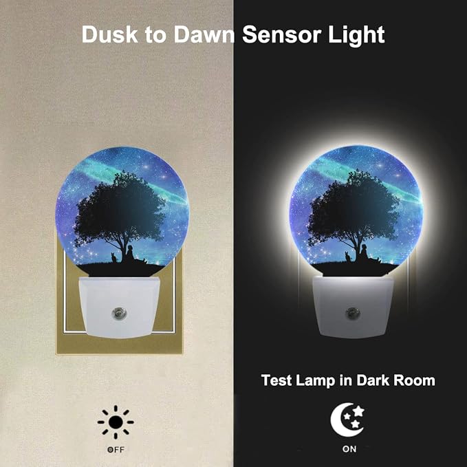 Galaxy Night Light Big Tree Under Starry Sky Stars Plug-in Night Lights with Dusk-to-Dawn Sensor for Bedroom, Bathroom and Living Room 0.5W Sleep Friendly for Women/Girls/Boys