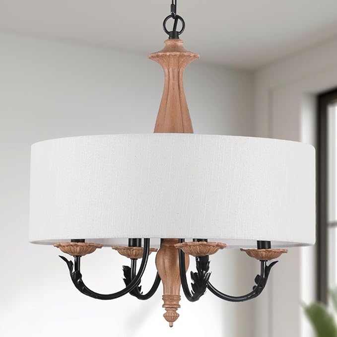 17.3" French Country Modern Drum Chandelier Light Fixture Mid Century Framhouse Chandelier with Linen Shade Vintage Distressed Wood Chandelier for Dining Room,Living Room,Kitchen,E12
