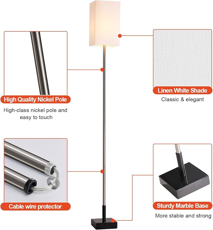 Floor Lamp, Marble Base, 3-Way Touch Control Dimmable, Linen Shade | Heavy marble base | Touch dimming | LED bulb included | Bedroom and living room lighting