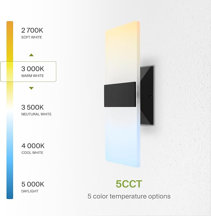 ASD 12 Inch Indoor LED Wall Sconce - 12W 2700K-5000K Dimmable Black Wall Sconce Lights for Living Room, Bedroom, Bathroom, Hallway - Modern Wall Sconces Hardwired, UL Interior Light