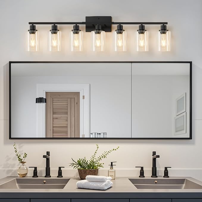 MOKATNG 7-Light Bathroom Light Fixtures, Vanity Light with Clear Glass Shades, Matte Black Bathroom Light Fixtures Over Mirror, Modern Bathroom Wall Lamp for Mirror Living Room Cabinet Bedroom