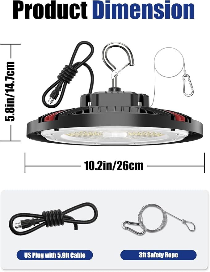 160W UFO LED High Bay Light, 24,000LM LED Shop Lights for Garage Warehouse Workshop, 5000K Daylight IP65 Waterproof Commercial Ceiling Fixture, 700W HPS/MH Equiv, ETL Listed, 6ft Cord, 2-Pack
