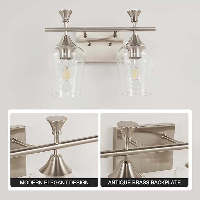 Bathroom Light Fixtures (2-Light, 14 Inch), Brushed Nickel Vanity Lights for Bathroom with Clear Wine Glass Glass Shade, Modern Vanity Wall Lights for Mirror Bedroom Living Room Kitchen Hallway Porch