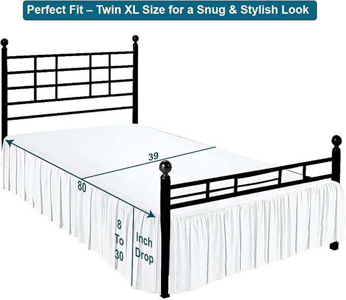 Shreem Linen Ruffled Bed Skirt with Split Corners, Gathered Style, 100% Microfiber, 24-Inch Drop, Dust Ruffle Bedskirt with Platform, Twin-XL, White