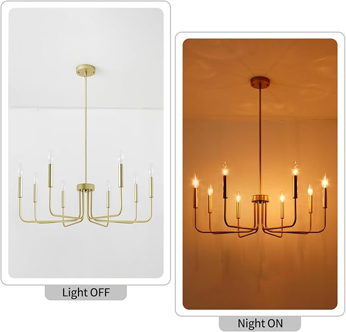 Gold Chandelier, 8-Light Farmhouse Chandeliers for Dining Room, Gold Candle Chandelier Light Fixtures for Kitchen, Living Room, Foyer, Entryway