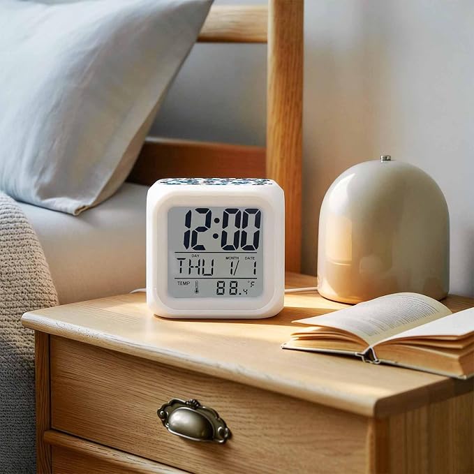 Alarm Clock Blue Paw Print Digital Clock Battery Operated Silent, Black Animals Cat Dog Colored Cartoon Decorative 7 Color LED Night Light Cube Alarm Clocks for Bedrooms Bedside Office