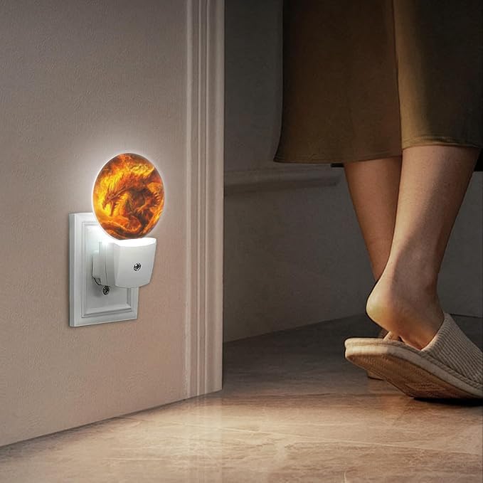 Round LED Night Lights Lamp with Dusk to Dawn Sensor, Fantasy Painting Of Enormous Majestic Dragon Made Out Of Fire Night Light Plug Into Wall for Kids Room, Bedroom, Bathroom, Kitchen, Hallway