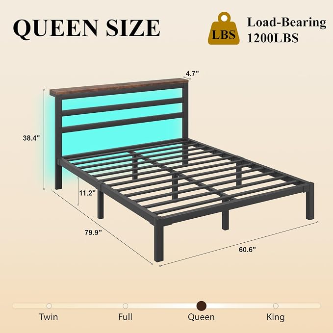 Queen Size Metal Bed Frame with Storage Headboard & LED Lights, Black | Built-In Charging Station, Under-Bed Storage, Heavy Duty Metal Slats, No Box Spring Needed, Solid and Stable, Easy Assembly