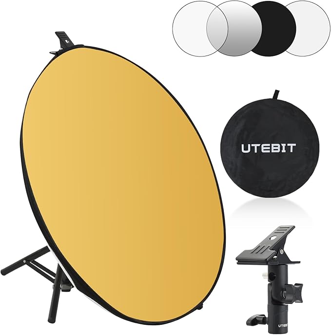 UTEBIT 24"/60cm Light Reflector with Stand, 5-in-1 Portable Round Light Diffuser Translucent/Silver/Gold/White/Black Reflector Photography for Studio or Outdoor Photo Lighting