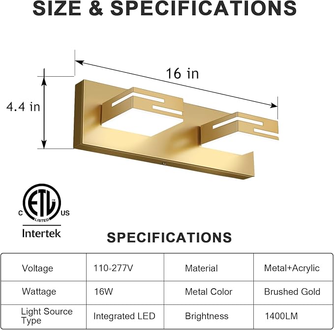 LED Modern Bathroom Vanity Light Fixtures, Dimmable Gold Vanity Lights for Bathroom Lighting Fixtures Over Mirror, with 360° Rotatable Heads 2-Light 16-inch (Cool White 6000K)