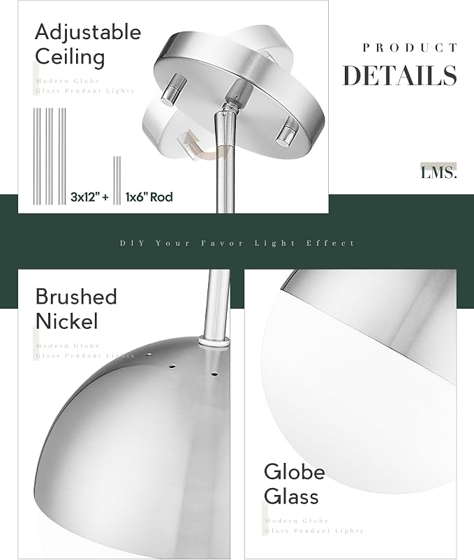 Brushed Nickel Pendant Lights Kitchen Island, 8" Modern Globe Pendant Light Fixtures with Milk White Glass, Adjustable Hanging Lighting for Kitchen Island Sink Bedroom Bathroom, LMS-203