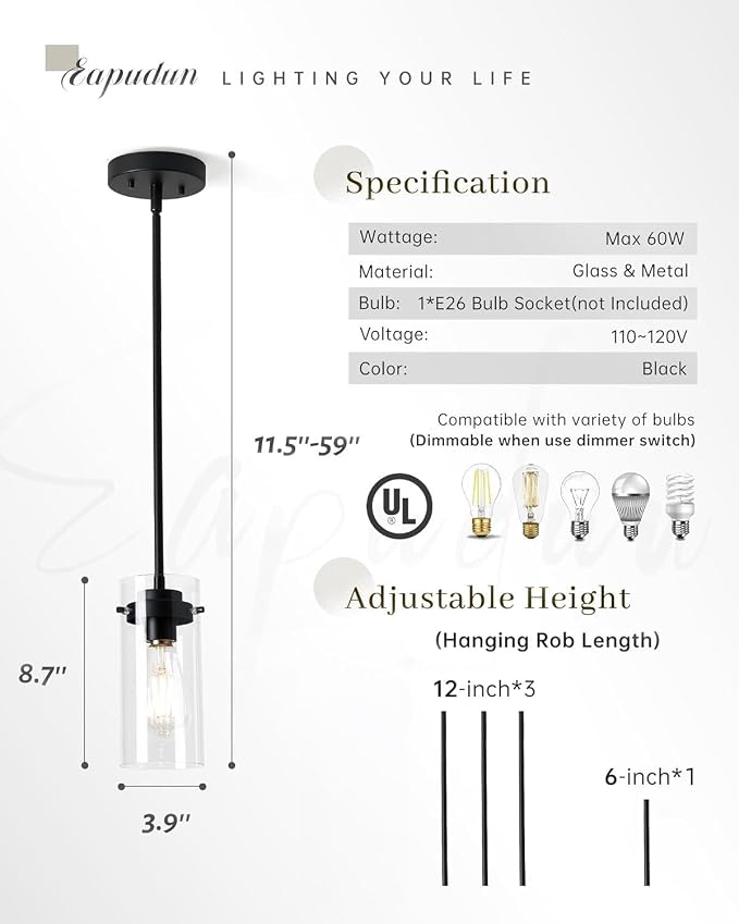 EAPUDUN Industrial Pendant Light Fixtures,Clear Glass Shade Pendant Lighting,Vintage Hanging Lighting Fixture for Kitchen Island,Dining Room,Corridor Bedroom E26 Base UL Listed, PDA1353-MBK