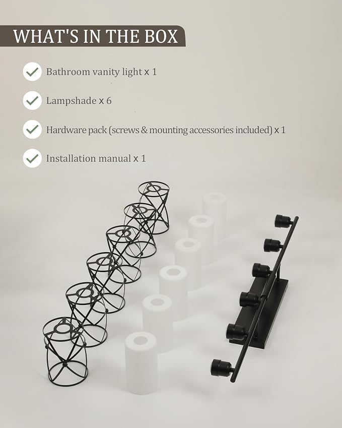 6-Light Matte Black Bathroom Light Fixtures Over Mirror, 42" UL-Listed Modern Farmhouse Wall Sconce Lights with Milk White Frosted Glass and Metal Cage for Bath, Hardwire E26, CH9176BKW-6W