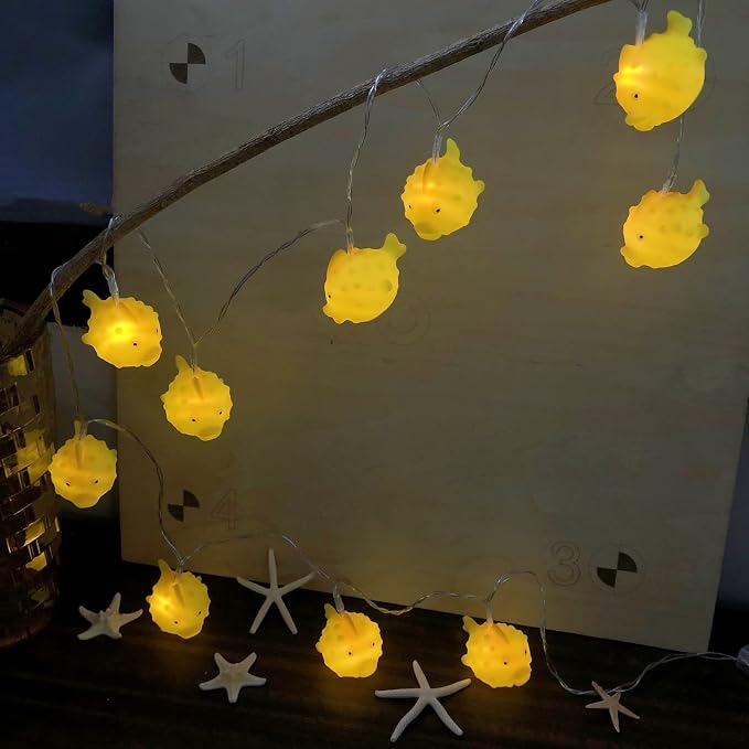 Cute Puffer Fish Night Lights 5.4FT 10 LED Battery Operated Cartoon Animal Fairy String Lights for Bedroom Home Holiday Yellow Theme Party Decoration (Puffer Fish, 1.65m/10LED)