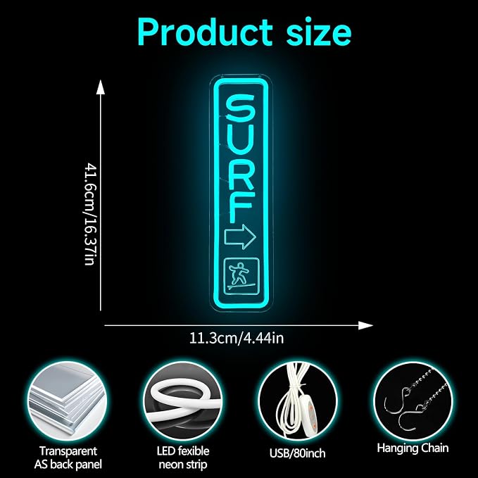 Surf Neon Sign for Wall Decor Surfing Led Sign Dimmable Beach Neon Light Signs Coastal Light Up Sign for Surf Decor Themed Room Decor Party Shop Business Surfing Beach