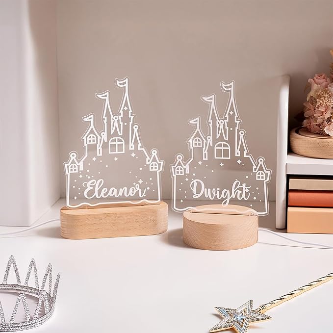 Custom Cartoon Castle Night Light for Kids, Personalized Name Led Light with Wooden Base Nursery Decor