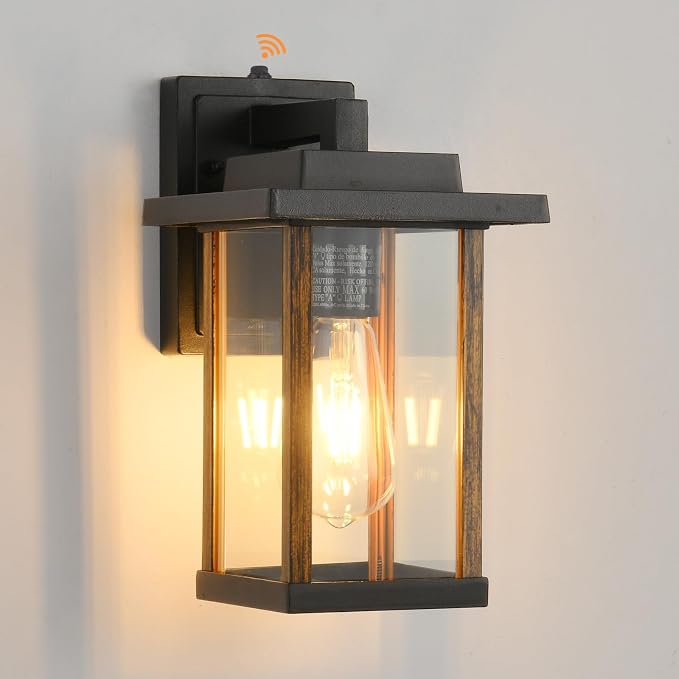 Dusk to Dawn Outdoor Wall Sconce in Wood Grain & Black, Clear Glass