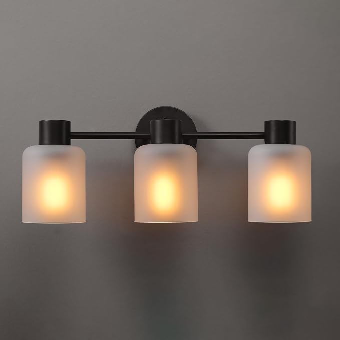 Globe Electric 4-Piece All-in-One Bathroom Set, Matte Black, 3-Light Vanity Light with Frosted Glass Shades, Towel Bar, Toilet Paper Holder, Towel Ring