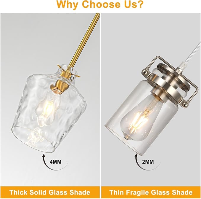 foucasal Modern Hammered Glass Pendant Lighting for Kitchen Island, Adjustable Height Rods Hanging Light with Ceramic E26 Light Socket for Dining Room Foyer Bedroom Bathroom Gold