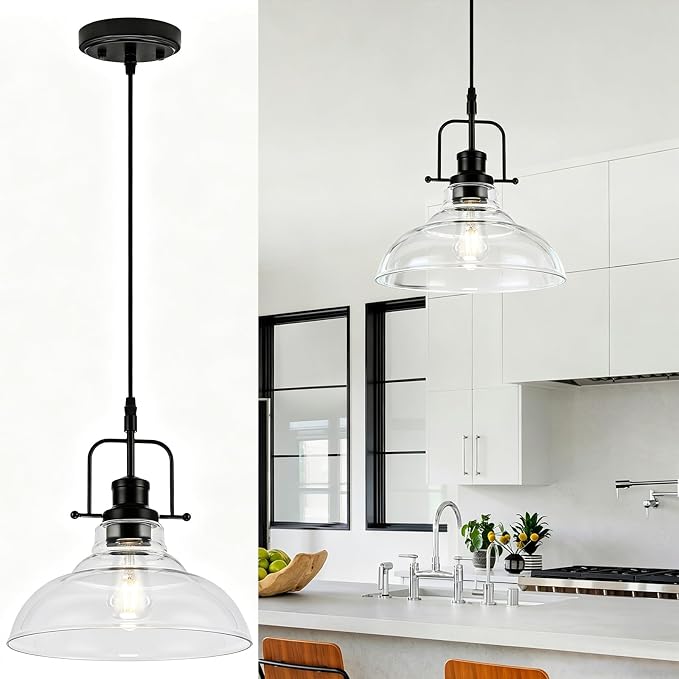 WILON Clear Glass Modern Pendant Light for Kitchen, Black | 11'' Clear Glass Shade, Adjustable Height, E26 Ceramic Socket, 60W MAX, Farmhouse Style for Dining Room Kitchen Over Sink