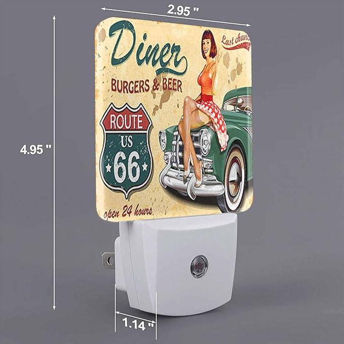 LED Night Light,Diner Route 66 Vintage Girl Red Skirt LED Night Light Plug into Wall with Dusk to Dawn Light Sensor White Energy Efficient Nightlight for Bedroom Bathroom Hallway Living Room Kitchen