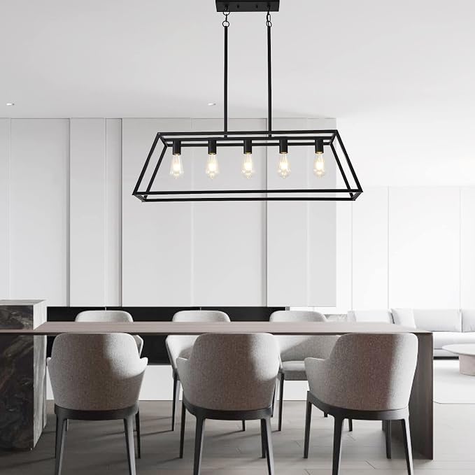 Farmhouse Rectangle Chandeliers for Dining Rooms, Modern Linear Hanging Light Fixture Matte Black 5-Light Industrial Pendant Lighting for Kitchen Island