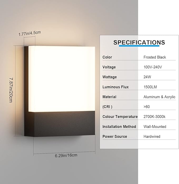 Modern Outdoor Led Wall Light, 24W 3000K Wall Porch & Patio Light,Exterior Hardwired Wall Light Fixtures,IP65 Waterproof Square Wall Lamp for Garage, Front Door,House Yard(Black,2-Pack)