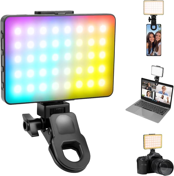 PULUZ RGB Selfie Light, 360° Full Color Camera Light with Clip and Cold Shoe, 2500-9000K LED 20 Effects 1500mAh Rechargeable Video Light for Vlogging, Photography, TikTok, Content Creator