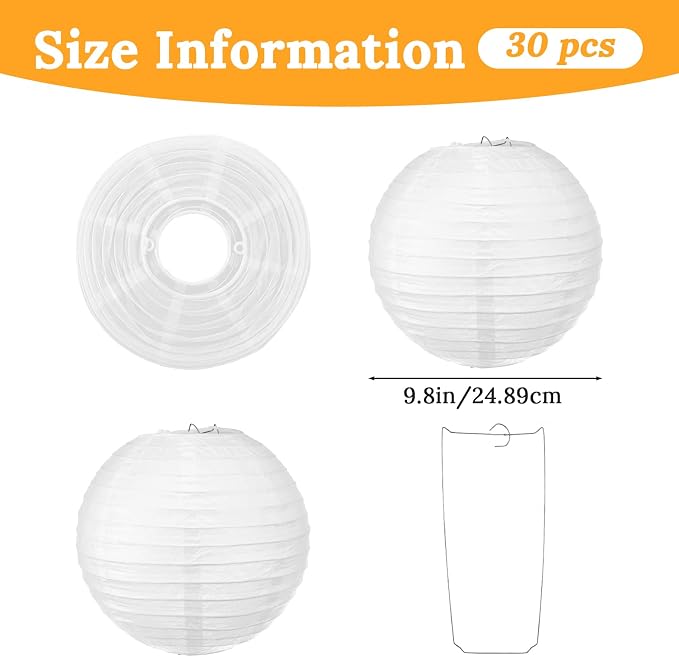 30 Pack 10 Inch White Paper Lanterns Hanging Paper Lanterns Decorative Round Ball Lights for Wedding Birthday Party Home Decorations