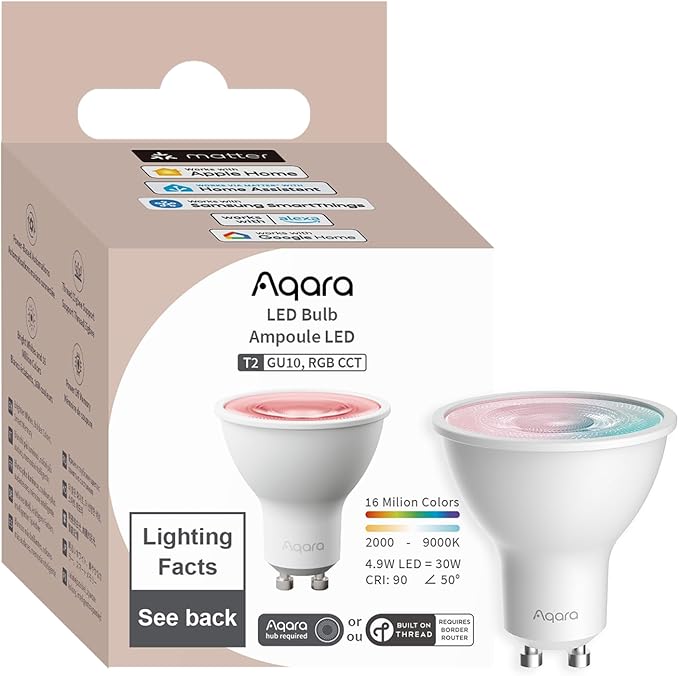Aqara Thread/Zigbee Smart LED Light Bulb T2 GU10,Tunable White(2000K-9000K) | RGB Color Changing Light Bulb with 16 Million Colors, Matter, Works with HomeKit, Alexa, Google