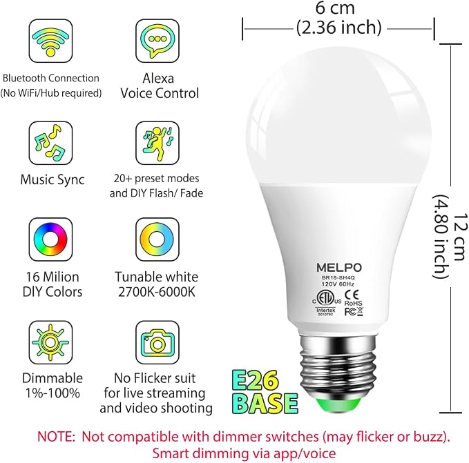 Smart RGB Light Bulbs Compatible with Alexa, 12W(130W Equivalent), 2700K-6000K | A19 E26, 16 Million Colors-DIY Flash/Fade - Timing-DIY Scenes- Music Sync Bluetooth Color Changing Light Bulb (8 Pack)