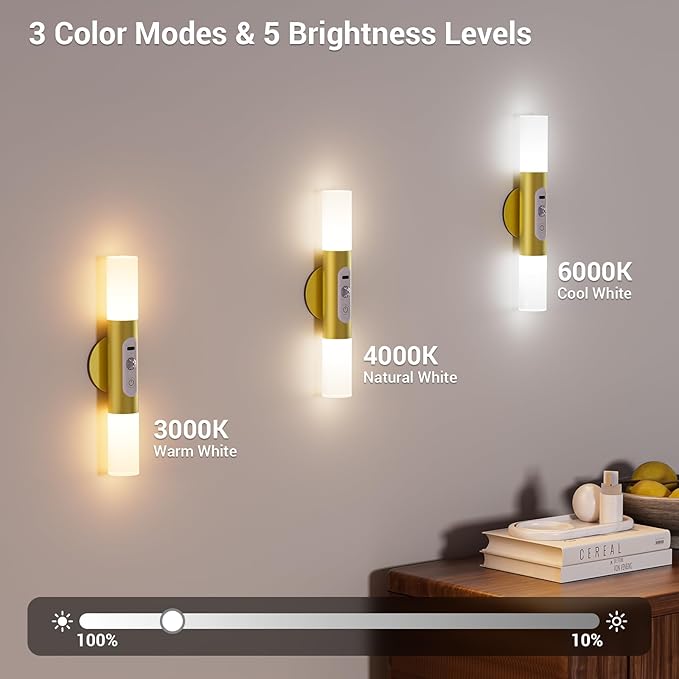 Motion Sensor Wall Sconces with Remote Control, LED Rechargeable Battery Operated Wall Lights Set of Two for Living Room, Indoor Wireless Wall Lamps for Bedroom, Hallway, Stair, Gold 2 Pack