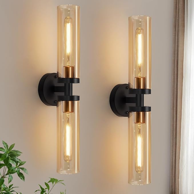 Indoi Wall Sconces Set of Two, Hardwired Black and Gold Bathroom Sconces Wall Lights with Amber Glass, Modern Sconces Wall Decor Set of 2 Vanity Light fixtures for Bathroom Mirror Living Room