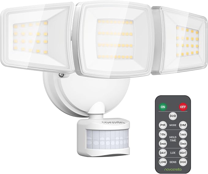Outdoor LED Flood Lights D2D Security Lights Motion Sensor Remote 45W 5000K | NOVOSTELLA 1Pack Outside Motion Floodlights IP65 Waterproof Dusk to Dawn 3 Heads Wired Wall Adjustable for Garage Yard House