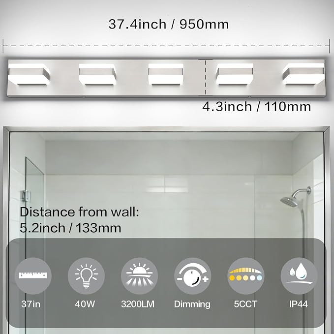SOLFART Brushed Nickel Vanity Lights for Bathroom, 5 Color Temperature Bathroom Light, Light Fixtures Over Mirror, Modern LED Lighting Adjustable Color 5CCT