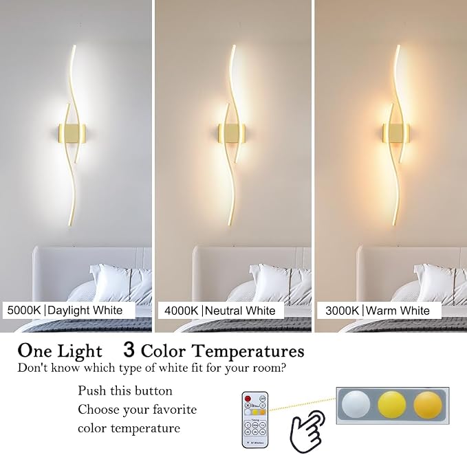 Modern Wall Sconces Set of 2, Dimmable LED with Remote Control, Gold Indoor Wall Sconce, Hard Wired Wall Lights for Living Room, LED Wall Decor for Hallway, Bedroom, 40.5"in, 3 Color, Timer, Memory