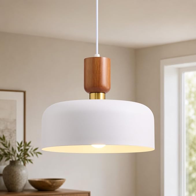 Nordic Sculptural White Pendant Light: Metal Wood Kitchen Island Chandelier | 12" Mid Century Pendant Lighting Over Kitchen Sink - Modern Ceiling Light Fixture for Dining Room Bedroom Hallway Entryway