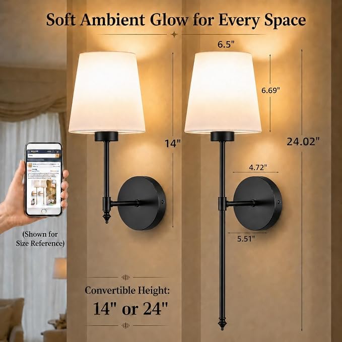 IRONPAX Wall Sconces Battery Operated Set of 2, Wireless Rechargeable Wall Sconce Set of Two, Dimmable Wall Lights with Remote for Bedroom Living Room Hallway Decor (Black, Fabric Shade)