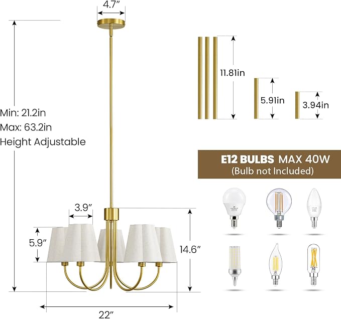 RUIYEY Modern Dining Room Chandelier - 23" 5-Light Black Chandeliers Over Table with Fabric Shades, Adjustable Hanging Dining Room Light Fixture, E12 Hardwired Ceiling Light for Bedroom Living Room
