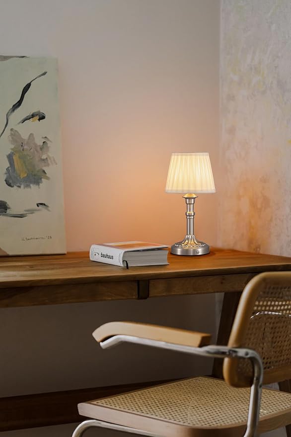 KDG Nickel Cordless Table Lamps Set of 2, Beige Fabric Shade Desk Lamp | Portables 4000mAh Battery Powered, Small LED Lighting, 2700K Stepless Dimmable, Light for Living Room, Dining Room, Bedroom