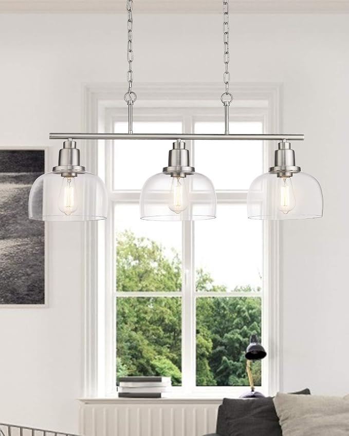 EAPUDUN 3-Light Kitchen Island Light, Farmhouse Pendant Lighting for Dining Room Pool Table Ceiling Light, Brushed Nickel Finish with Clear Glass, PDA1125-BNK