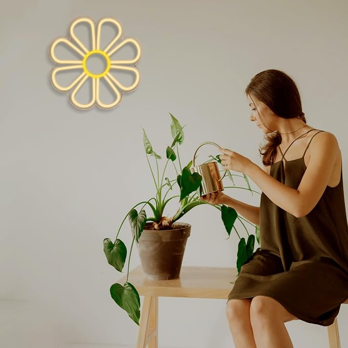 Flower Neon Sign Cute Daisy Dimmable LED Window Light for Bedroom Decor | 12.6IN*12.6IN,Five level brightness adjustment,USB powered,For Bar,Club,Pub,Living room,Bedroom,Restaurant,Beach Bungalow
