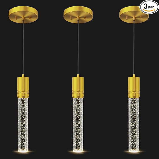 Gold Pendant Lights Kitchen Island, Crystal Bubble Pendant Lights, Adjustable Modern Pendant Light Fixtures for Dining Living Room Bedroom 3 Pack