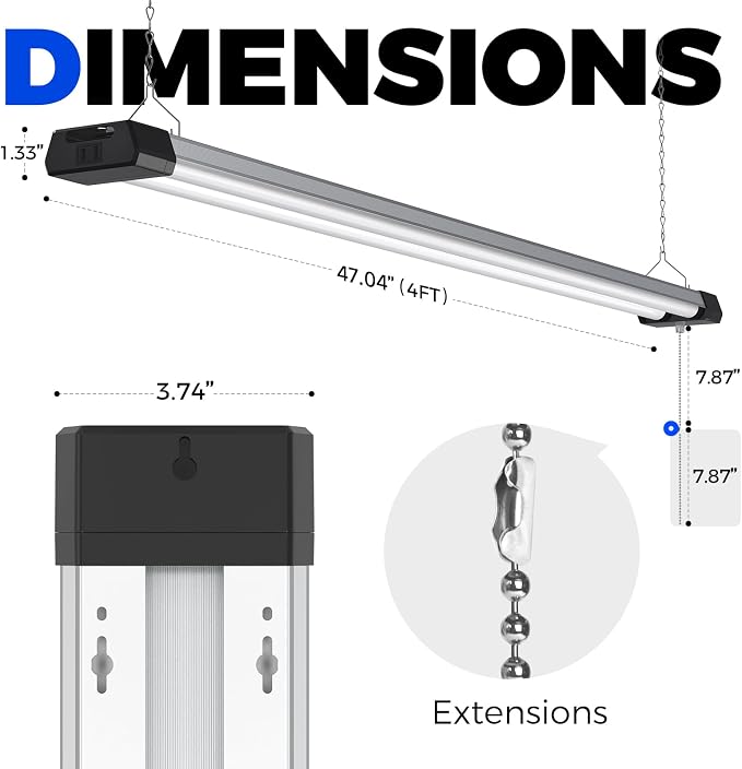 Barrina BS42a LED Shop Lights 4FT for Workshop, 42W 4800LM 5000K, 8 Packs | 4FT for Garage Warehouse, Hanging or Flush Mount, Linkable to 10, Hidden Wiring, with Pull Chain Switch, Frosted Cover