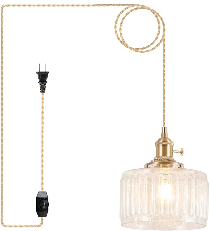 Pendant Light Fixtures,Plug in Hanging Light Fixture 6.6in Glass Pendant Light,E26 Pendant Lighting for Kitchen Island, Bedroom, Dining Room, Living Room