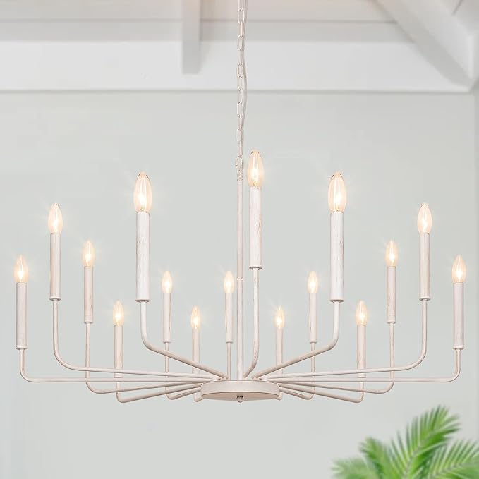 French Country Chandelier, 16 Light Farmhouse Chandeliers for Dining Room Lighting Fixtures Hanging, White Chandelier Light Fixture, Industrial Chandeliers for Living Room Kitchen Staircase Foyer