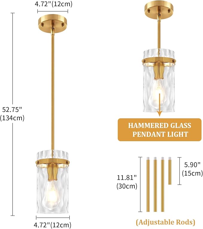 3 Pack Brushed Gold Pendant Lights Kitchen Island, Hammered Glass Kitchen Pendant Lighting Over Island Adjustable Hanging Bathroom Light Fixtures Modern Pendant Light for Dining Room Hallway Foyer
